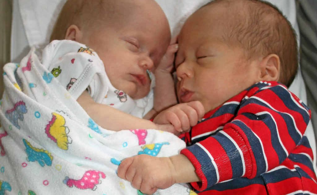 Abigail and Elijah Daly, born on Christmas Eve, snuggle up at Warwick Hospital. Abigail and Elijah Daly, born on Christmas Eve, snuggle up at Warwick Hospital.